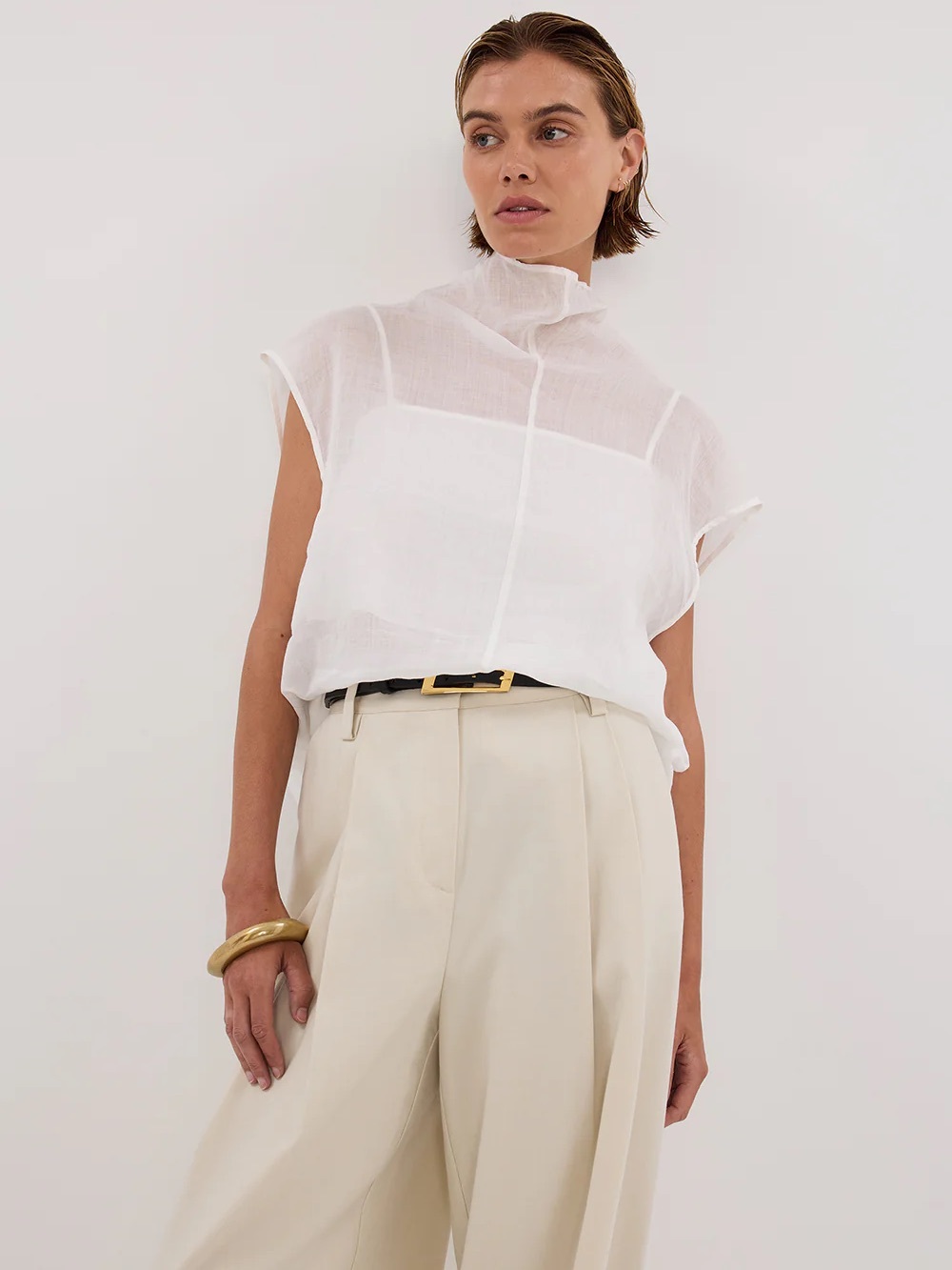 DISSH Carmel White Ramie Funnel Neck Sheer Top